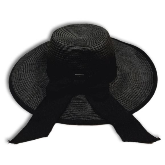 DELUX Woven Summer Floppy Brim Hat Lightweight Black w/Ribbon Sz S - M - Picture 1 of 15